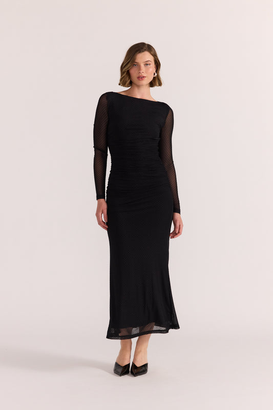 Kaia Spot Mesh Maxi Dress - Black