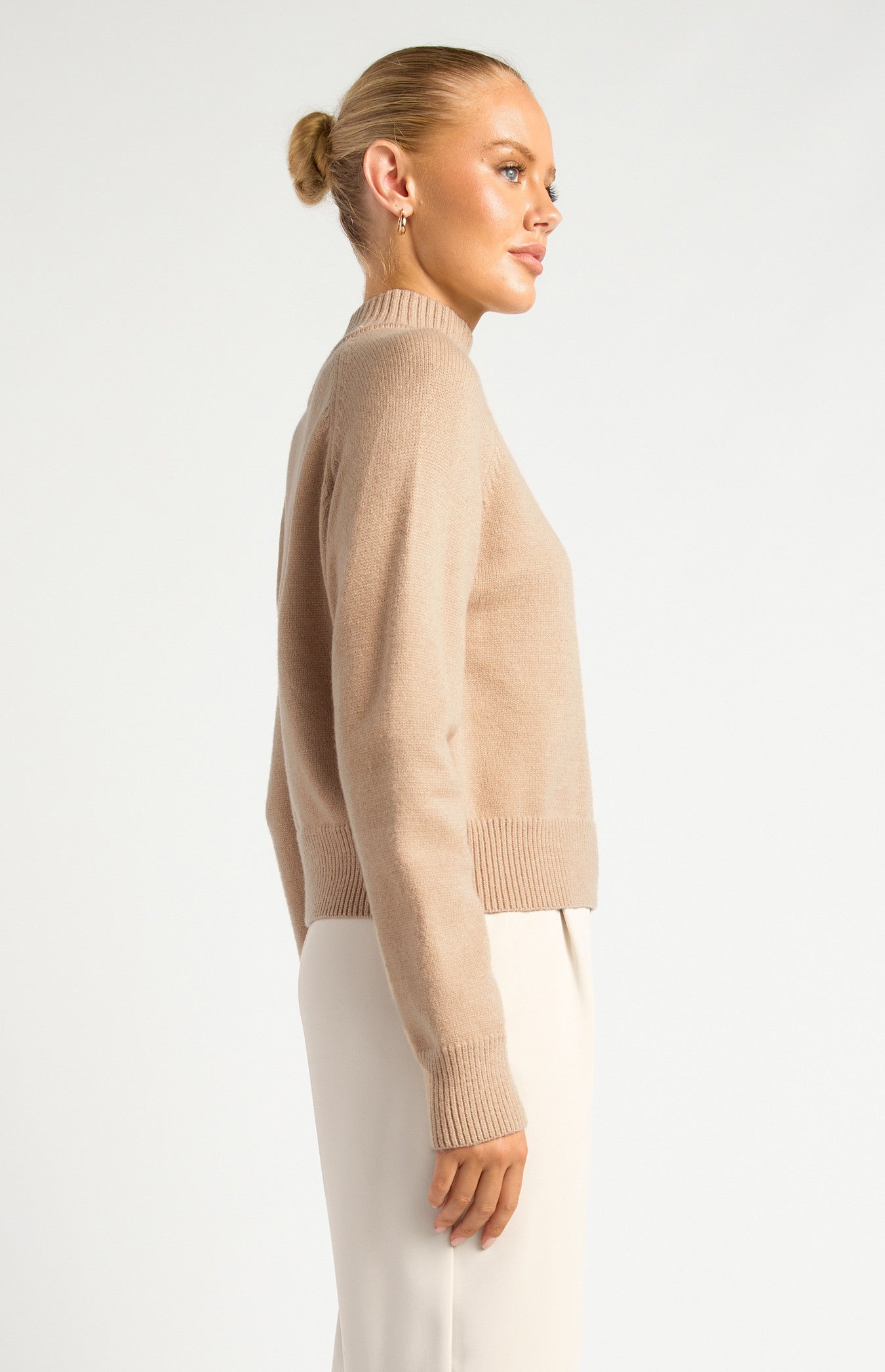 Gold Button Neckline Detail Knit Jumper - Latte