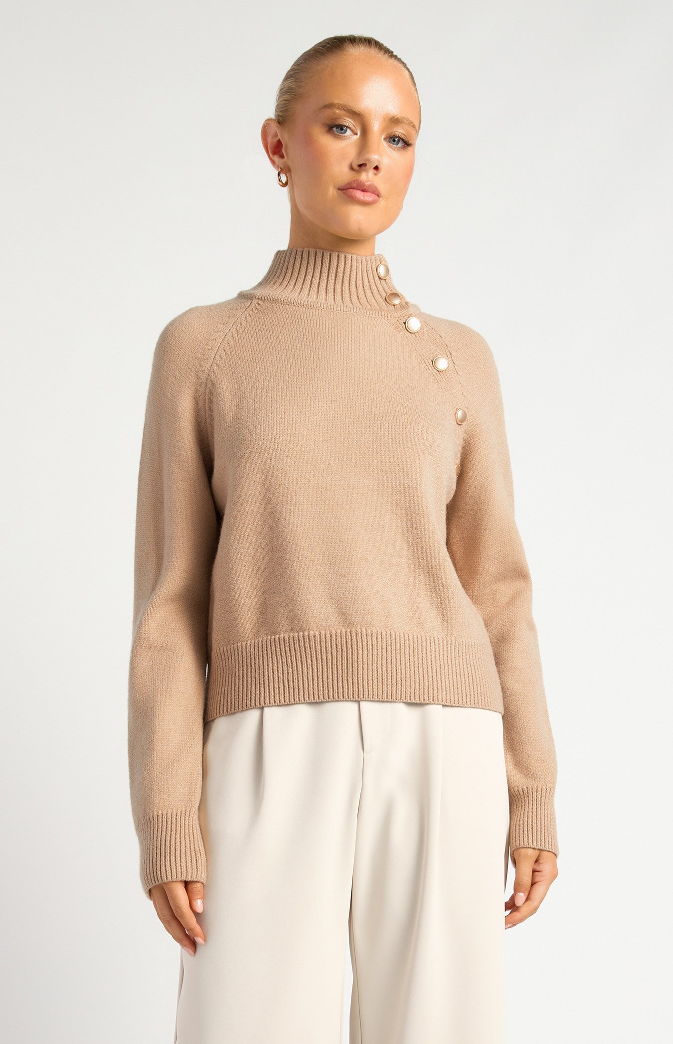 Gold Button Neckline Detail Knit Jumper - Latte