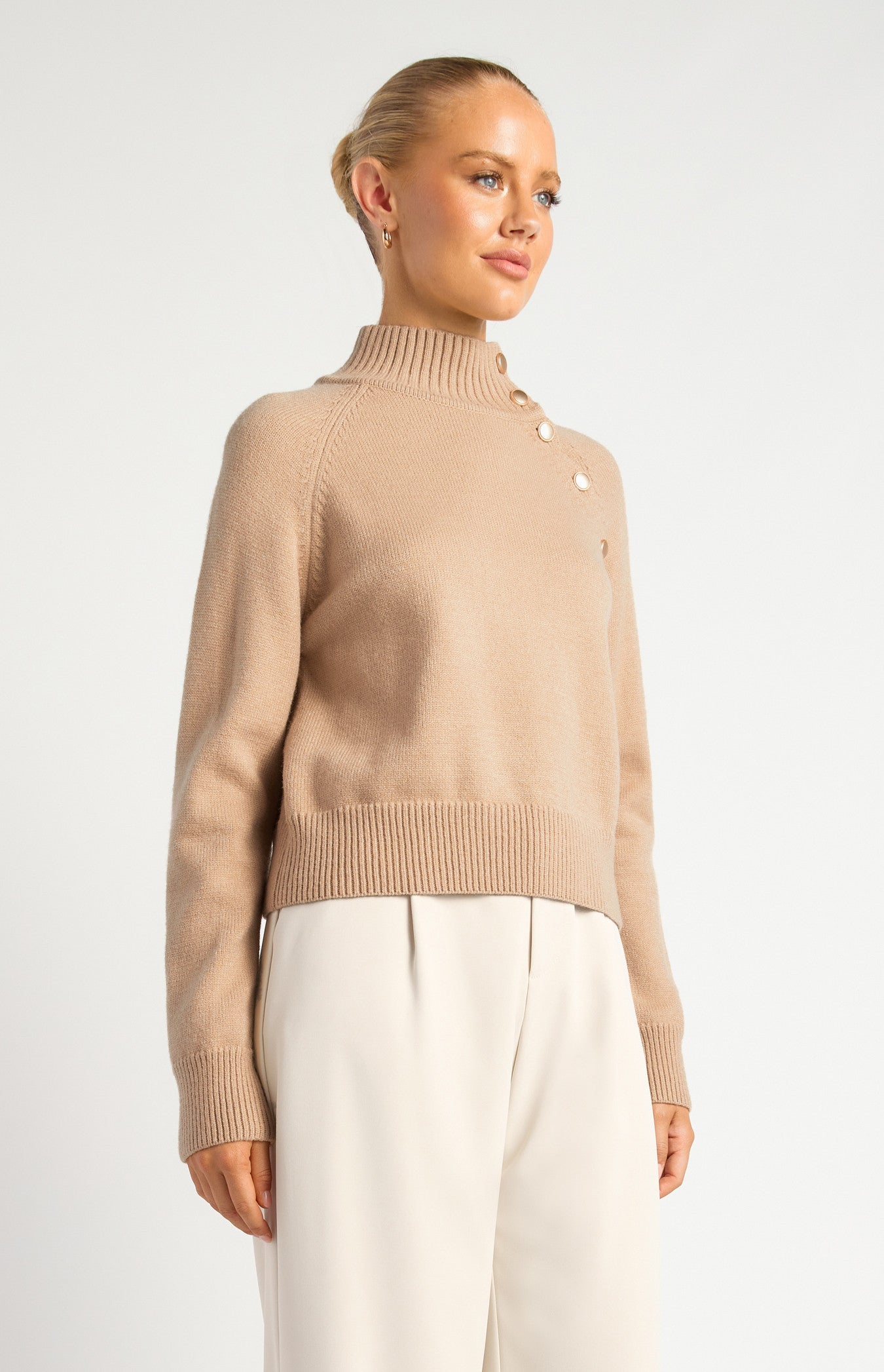 Gold Button Neckline Detail Knit Jumper - Latte