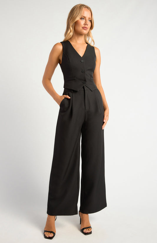 Wide Leg Pants With Elastic Back Waist - Black
