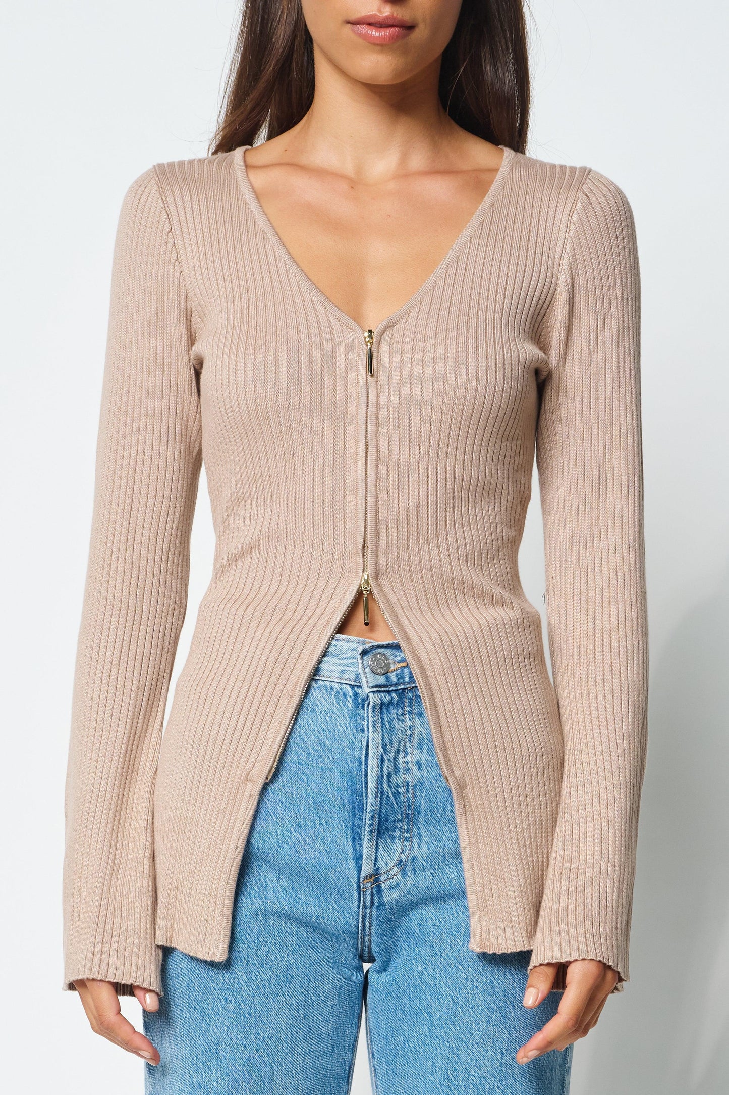 Kaia Zip-Front Knit Top - Mocha by Apero Label - in XS/S | SWAACE