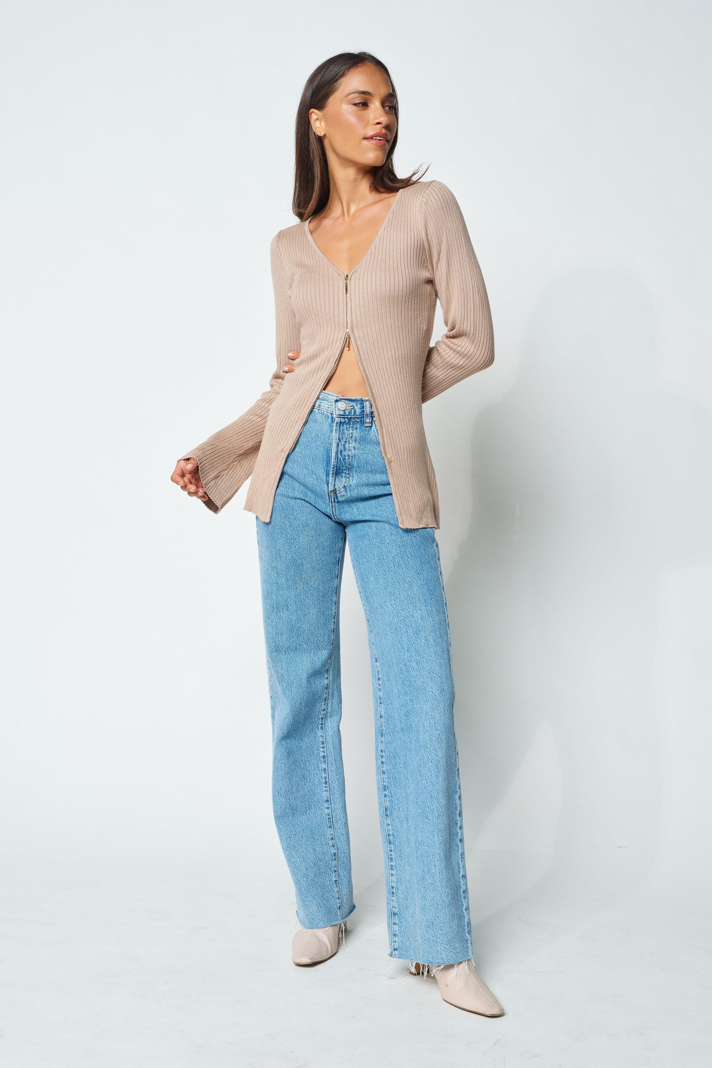 Kaia Zip-Front Knit Top - Mocha by Apero Label - in XS/S | SWAACE