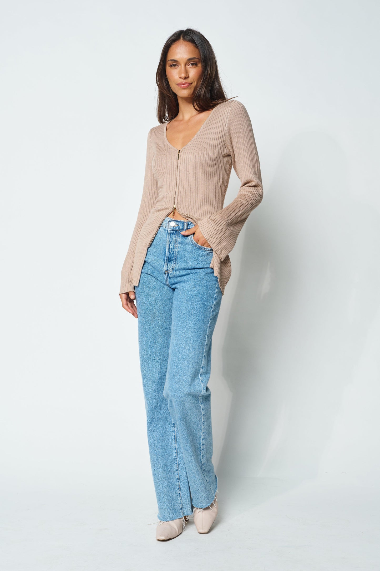 Kaia Zip-Front Knit Top - Mocha by Apero Label - in XS/S | SWAACE