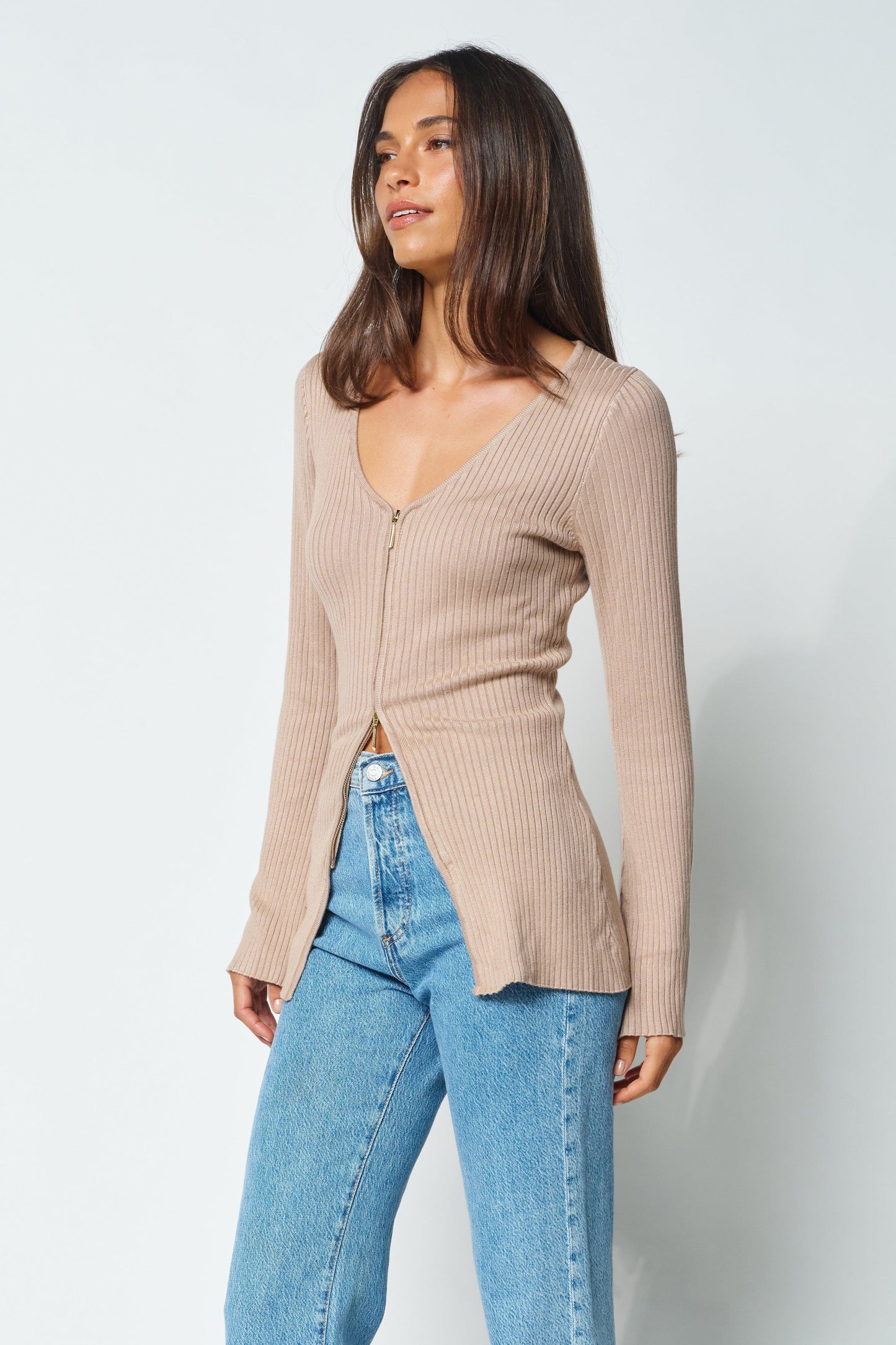 Kaia Zip-Front Knit Top - Mocha by Apero Label - in XS/S | SWAACE