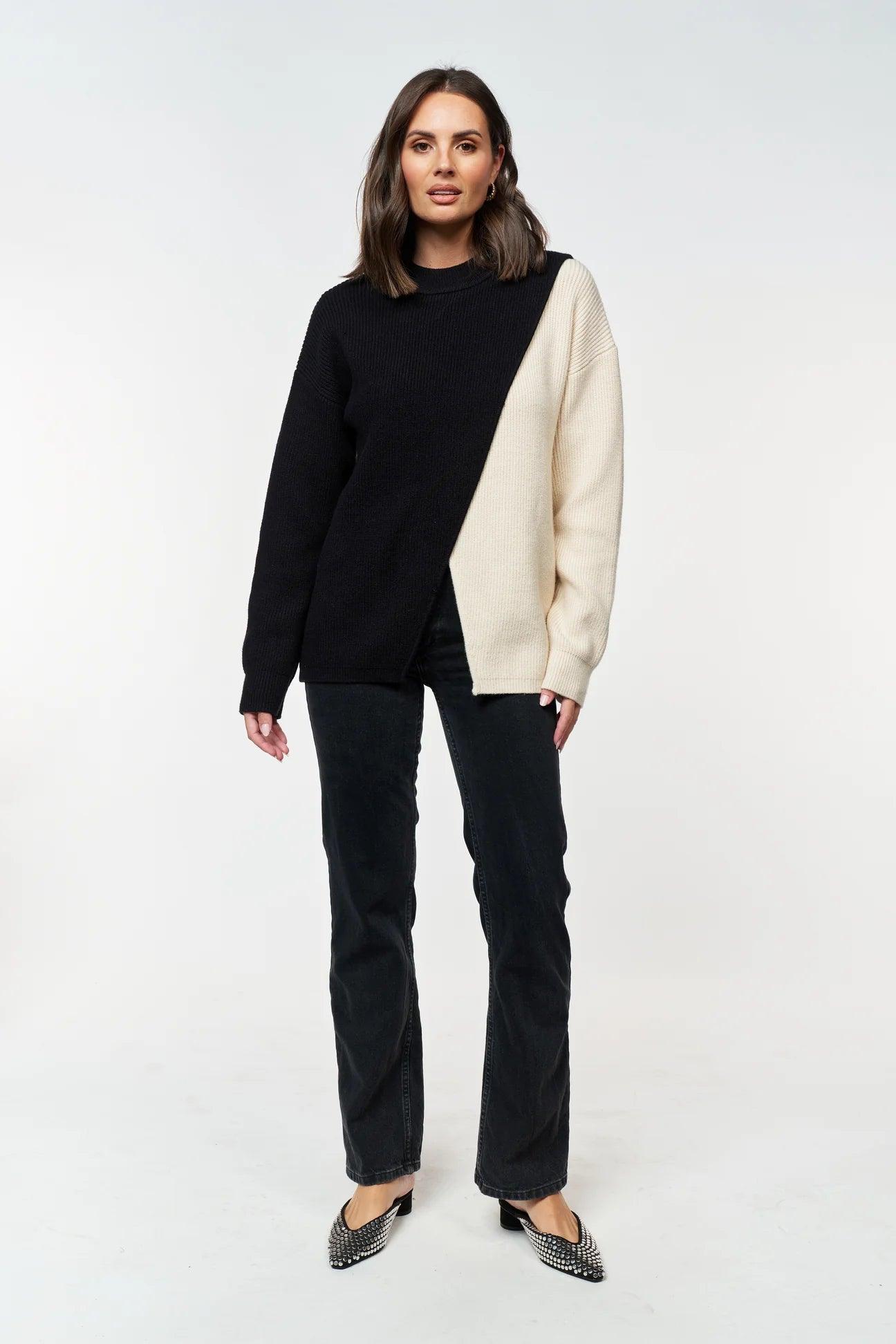 Gia Wrap Knit Jumper - Black/Cream by Apero Label - in XS | SWAACE
