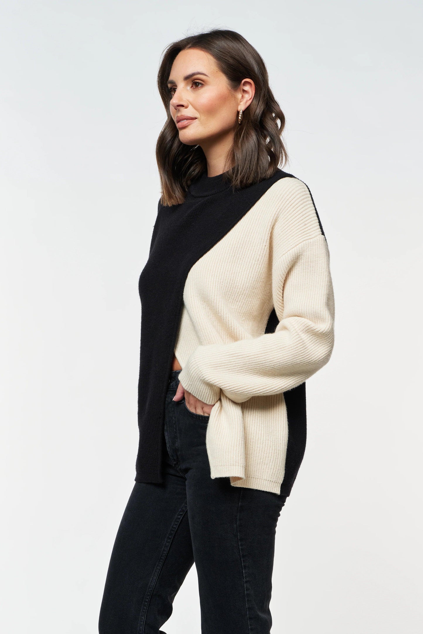 Gia Wrap Knit Jumper - Black/Cream by Apero Label - in XS | SWAACE