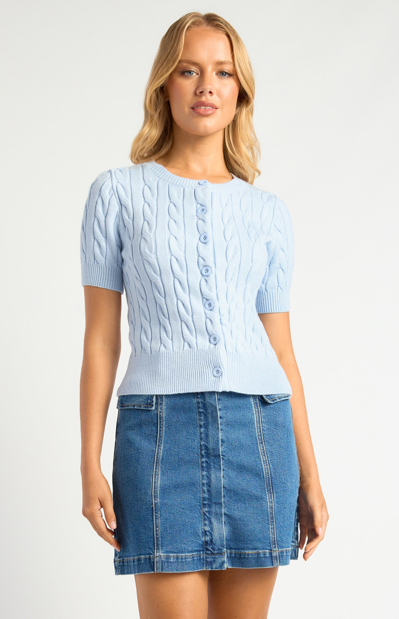 Button Up Cable Knit Top - Pale Blue