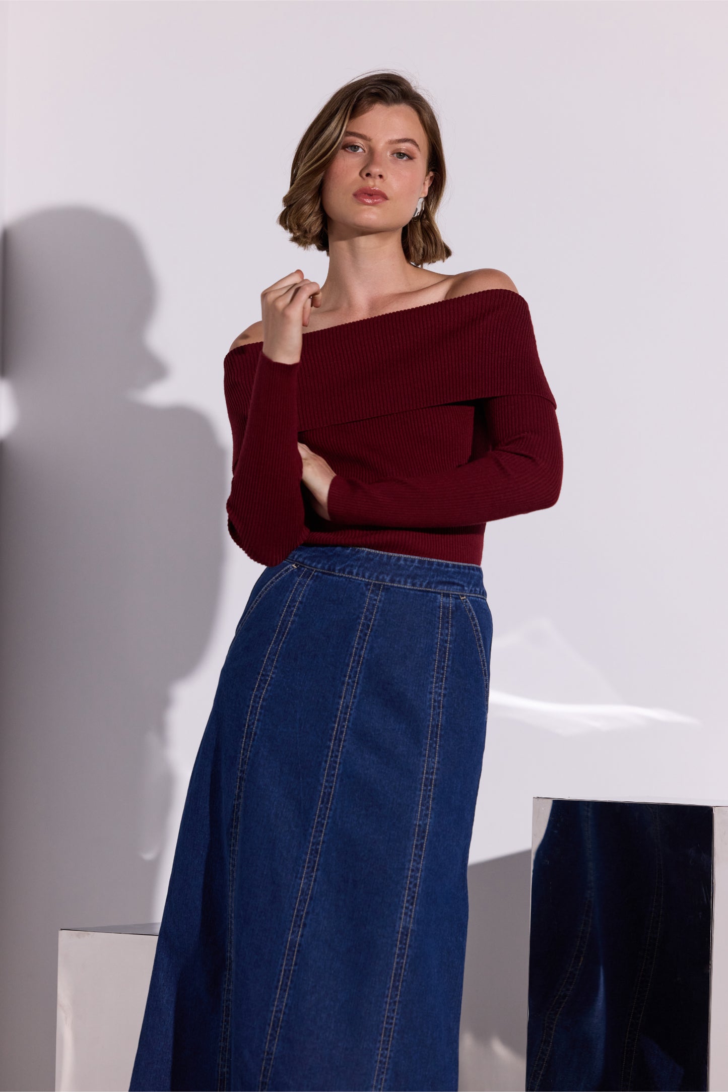 Celeste Off Shoulder Knit Top - Wine