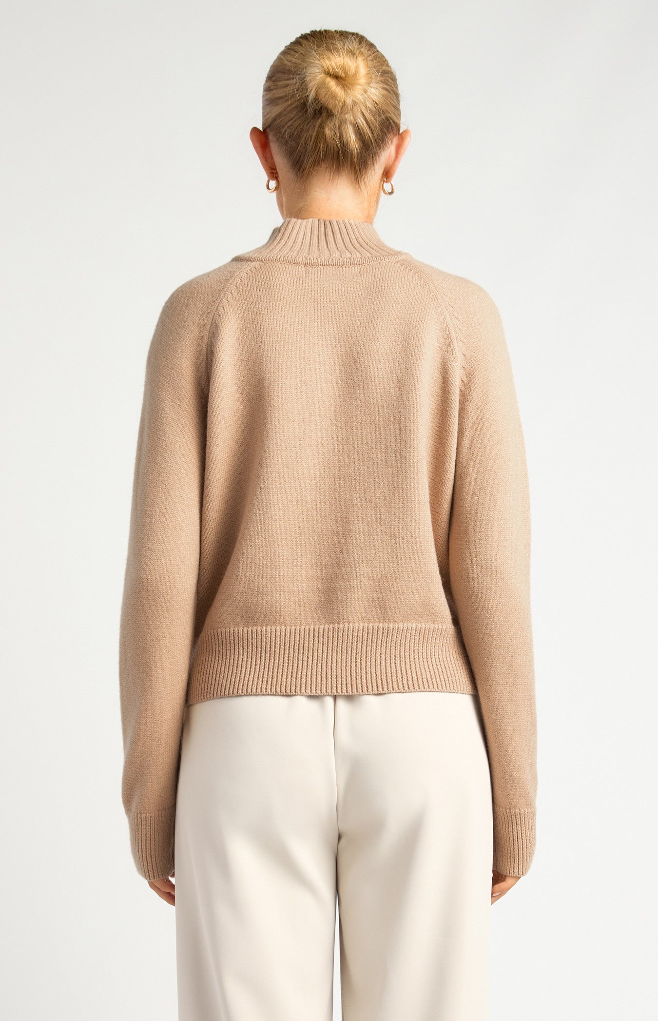 Gold Button Neckline Detail Knit Jumper - Latte