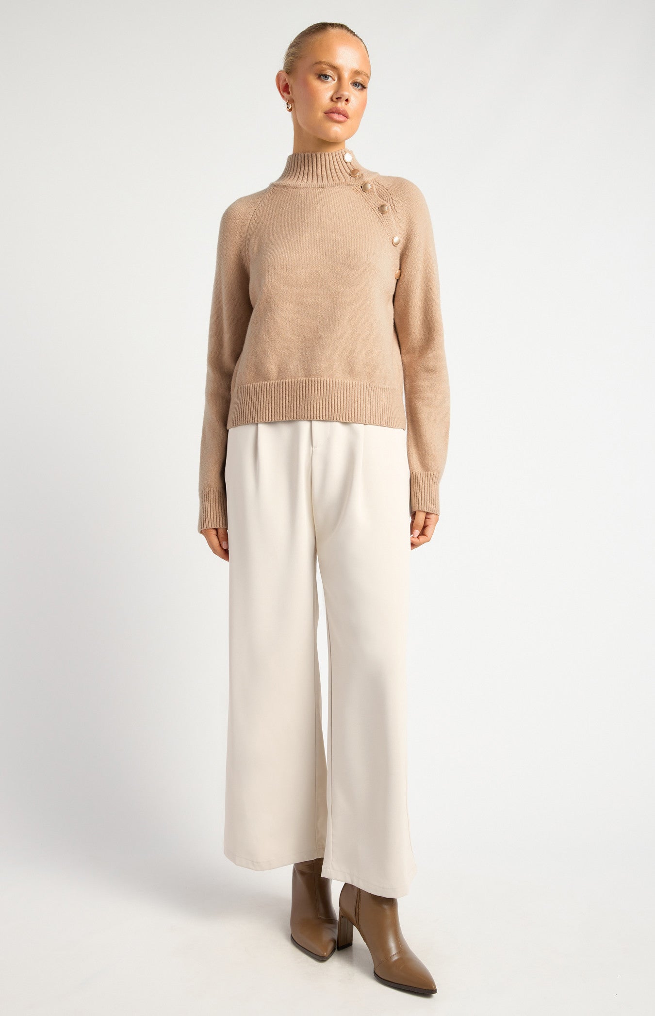 Gold Button Neckline Detail Knit Jumper - Latte