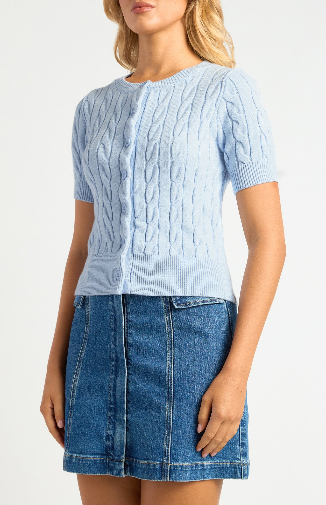 Button Up Cable Knit Top - Pale Blue