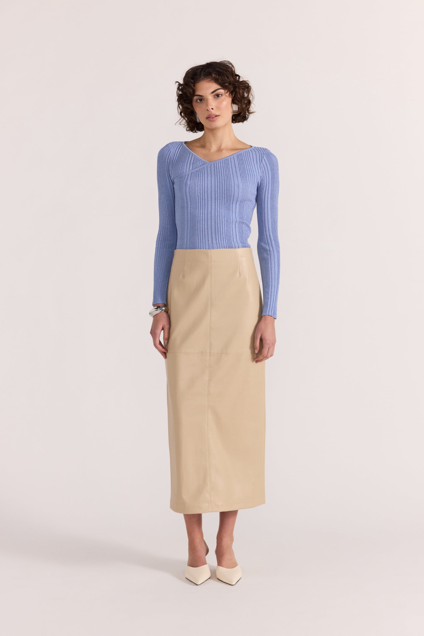 Mira Faux Leather Midi Skirt - Natural
