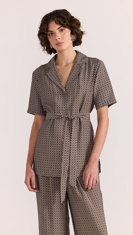 Calla Tie Waist Shirt - Black/Beige