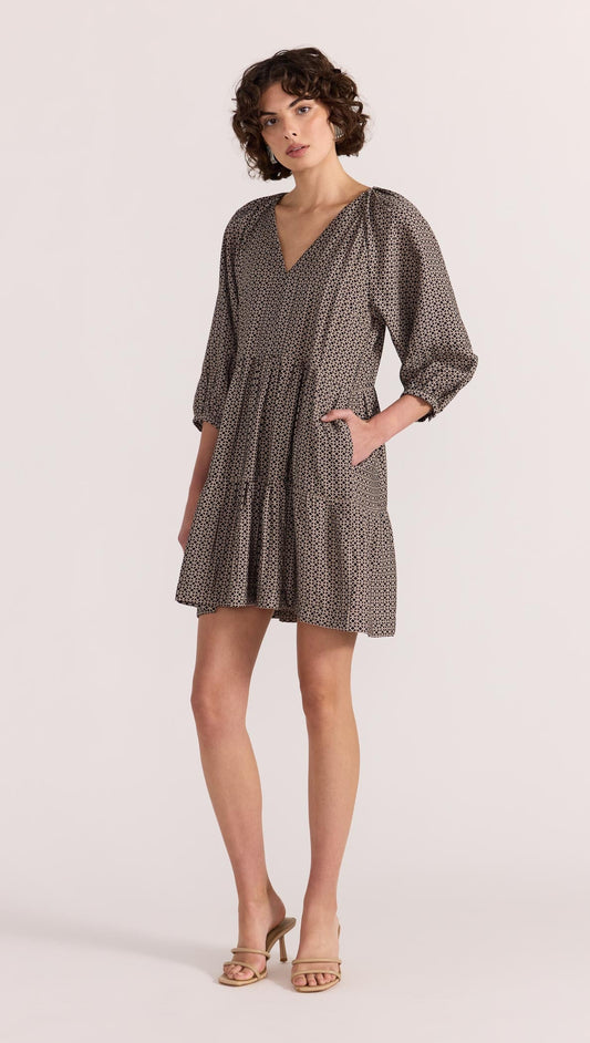 Calla Tiered Mini Dress - Black/Beige