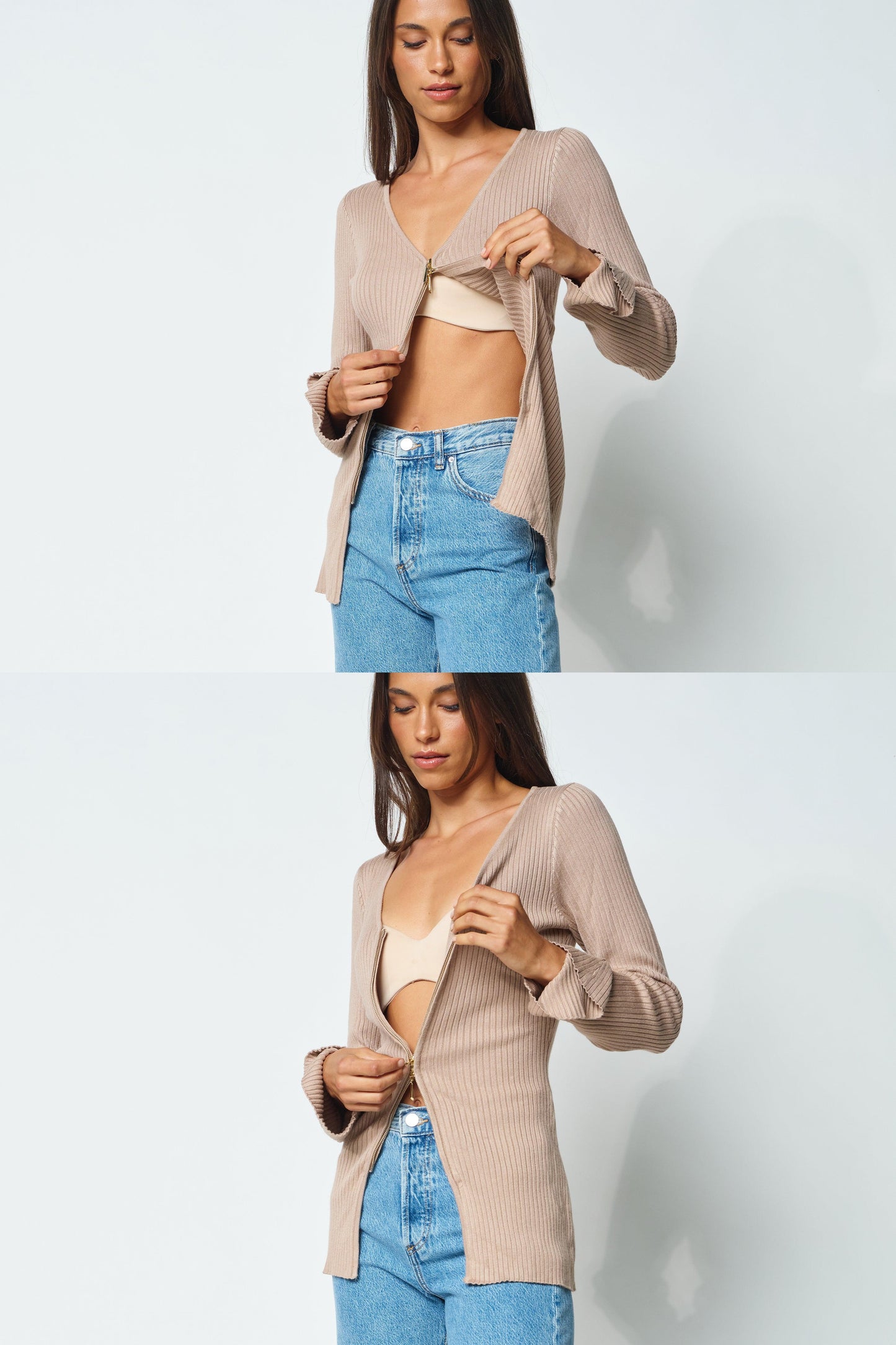 Kaia Zip-Front Knit Top - Mocha by Apero Label - in XS/S | SWAACE