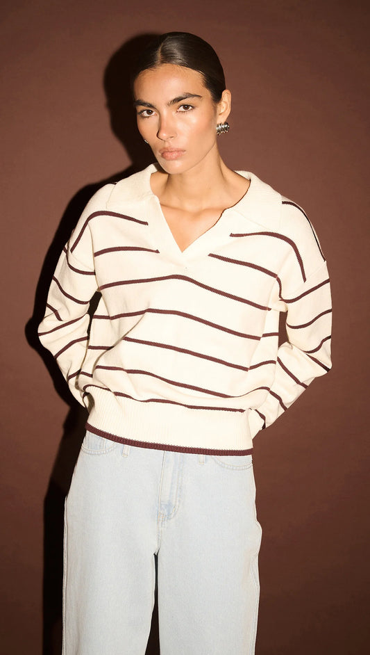 Elara Knit Polo Jumper - Cream/Chocolate