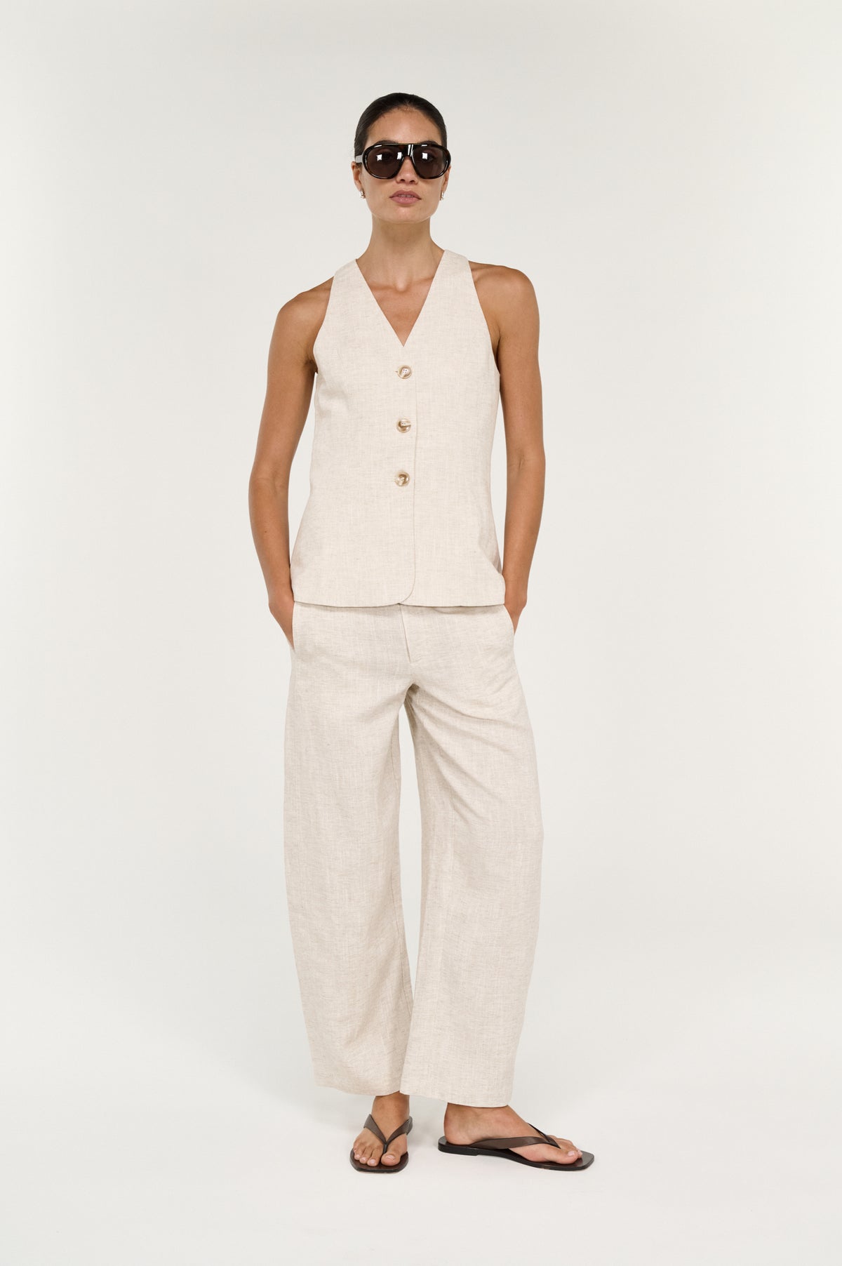 Neve Linen Long Line Vest - Oat