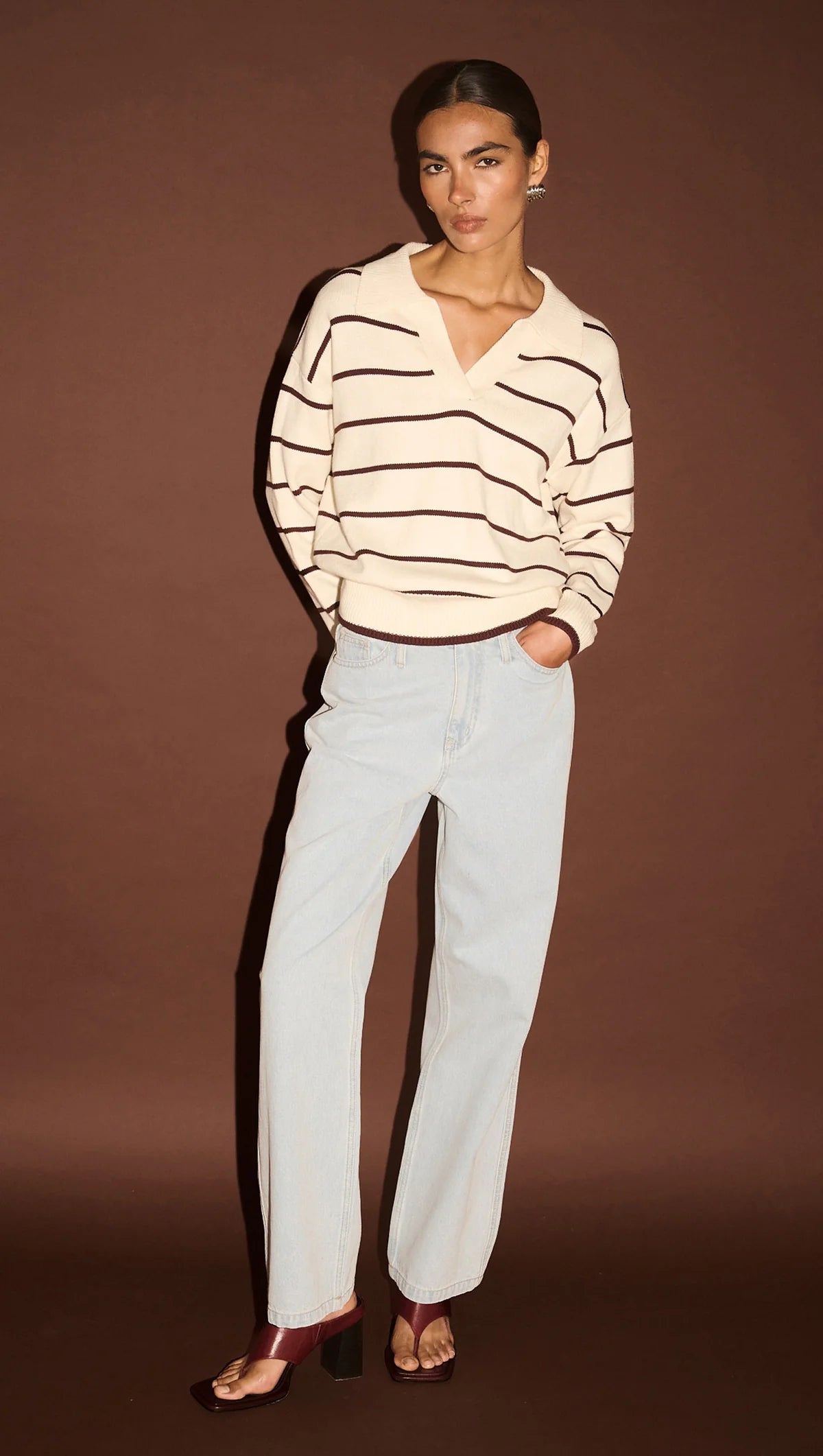 Elara Knit Polo Jumper - Cream/Chocolate