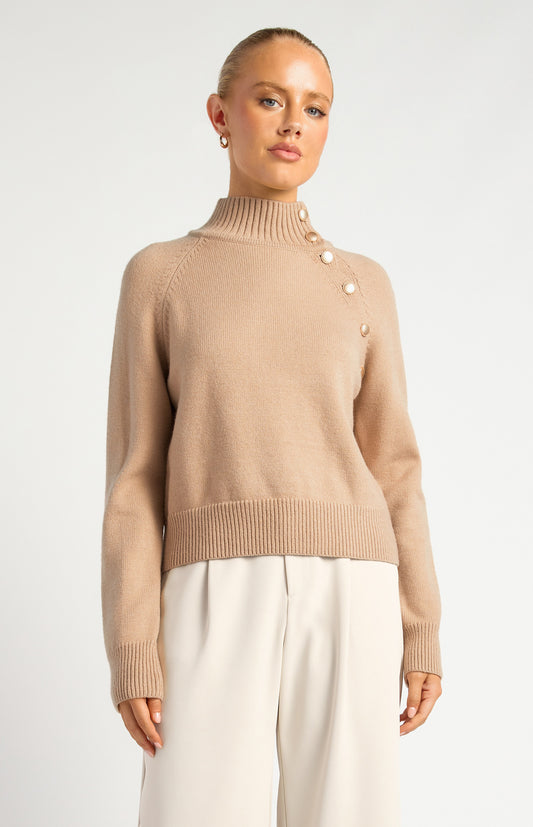 Gold Button Neckline Detail Knit Jumper - Latte