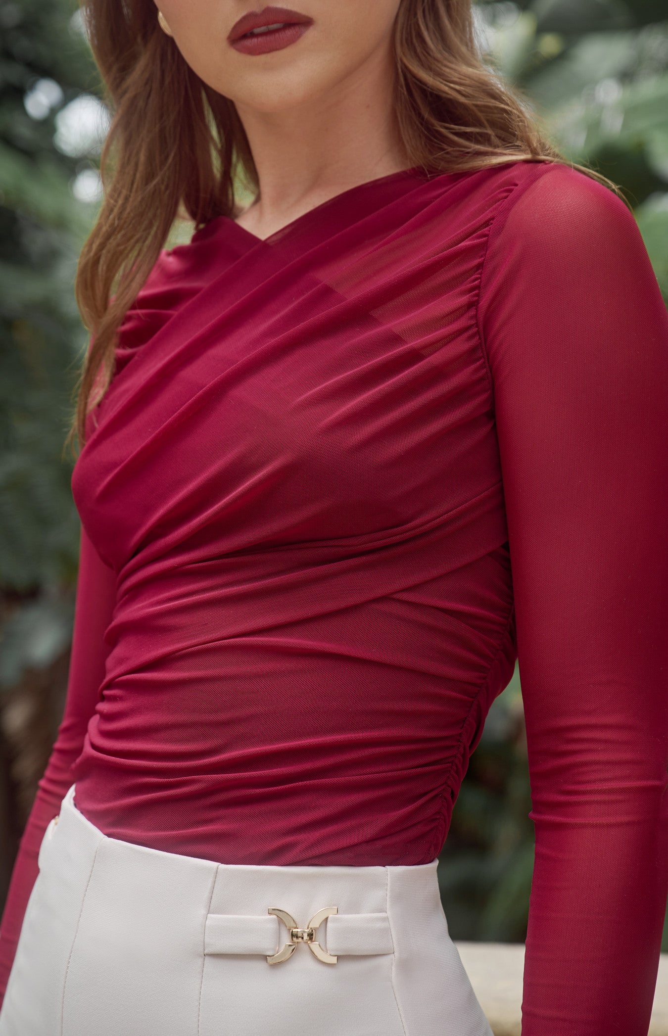 Cross Front Neckline Mesh Top - Merlot