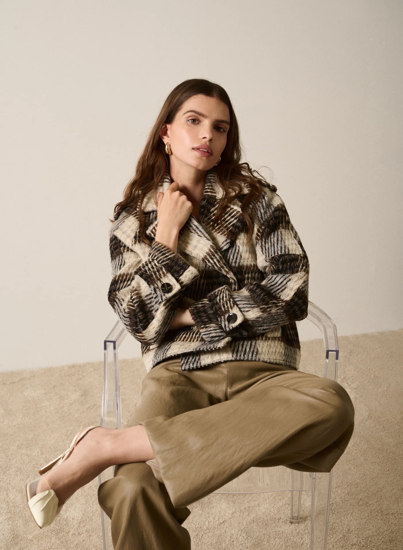 Ridder Cropped Coat - Brown/Grey Check