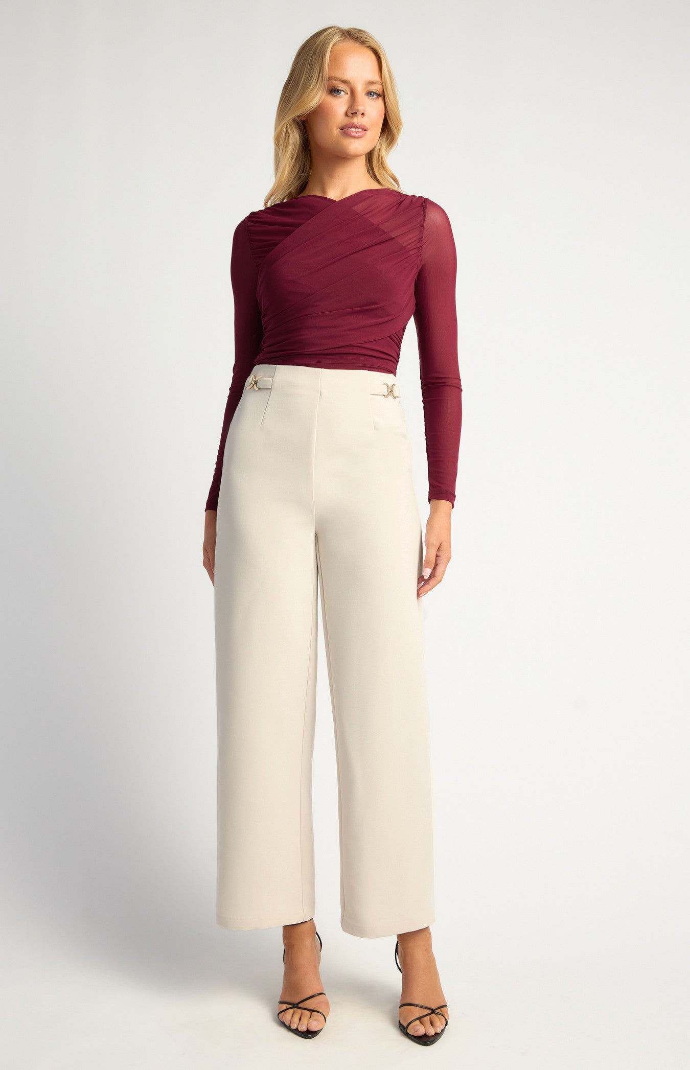 Cross Front Neckline Mesh Top - Merlot