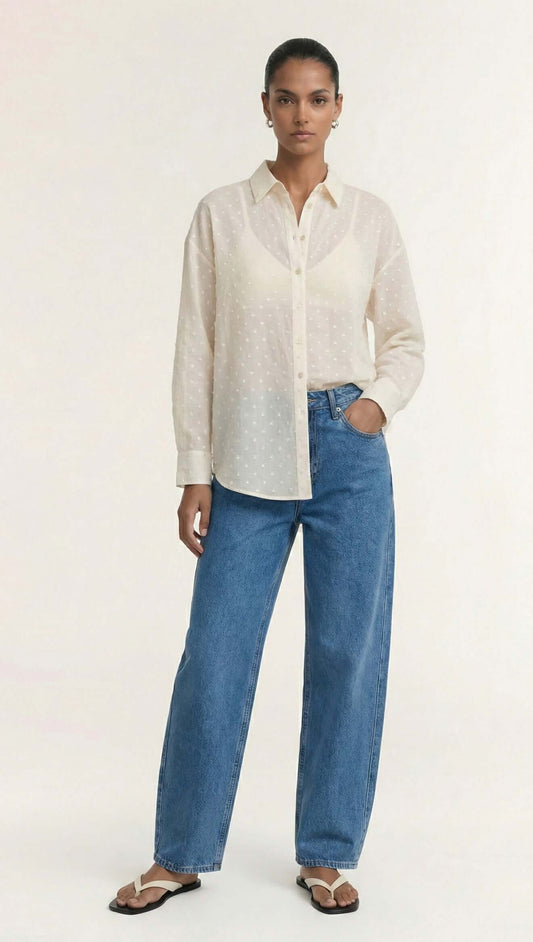 Etoile Embroidered Spot Sheer Oversized Shirt - Cream