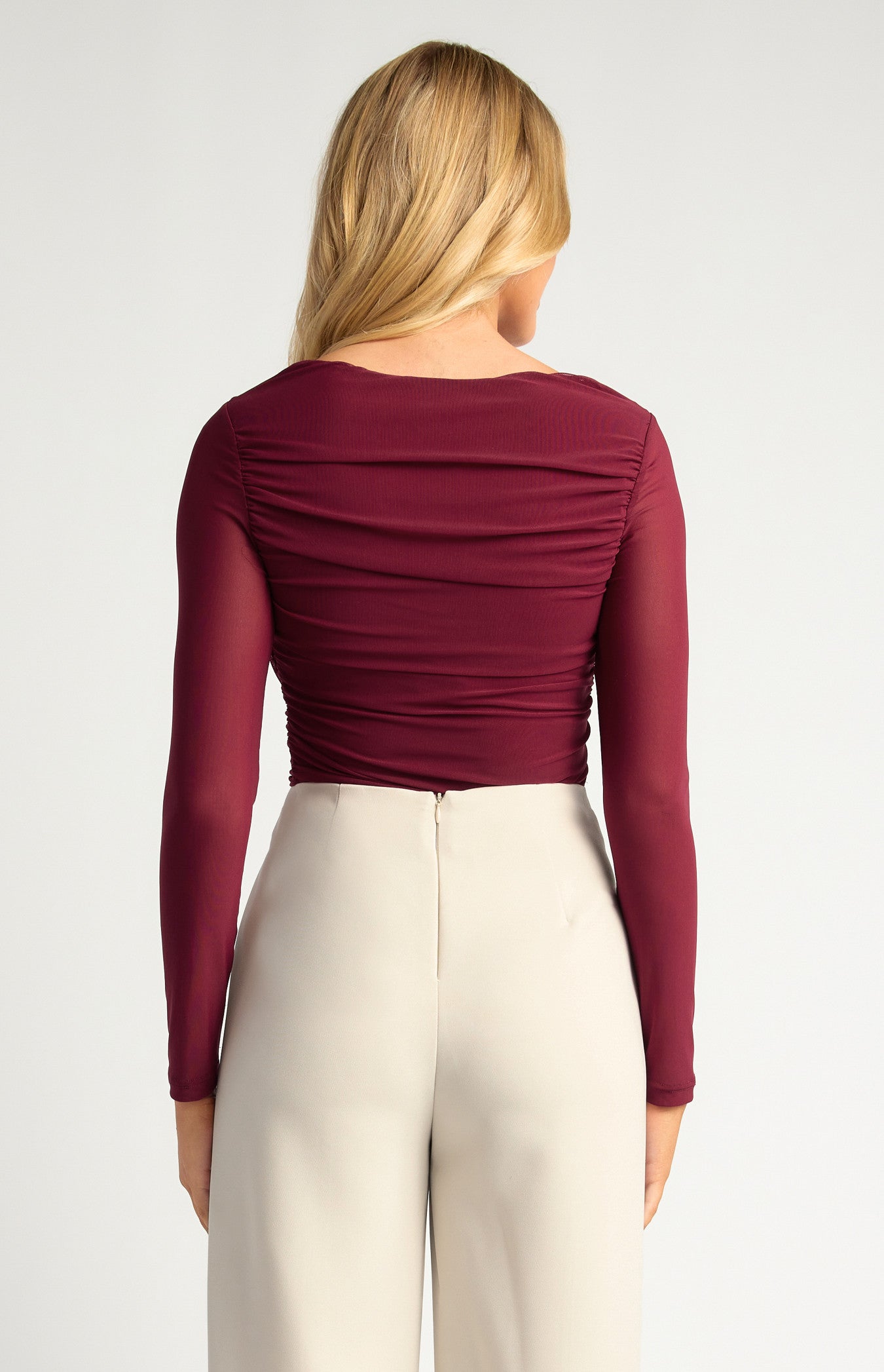 Cross Front Neckline Mesh Top - Merlot