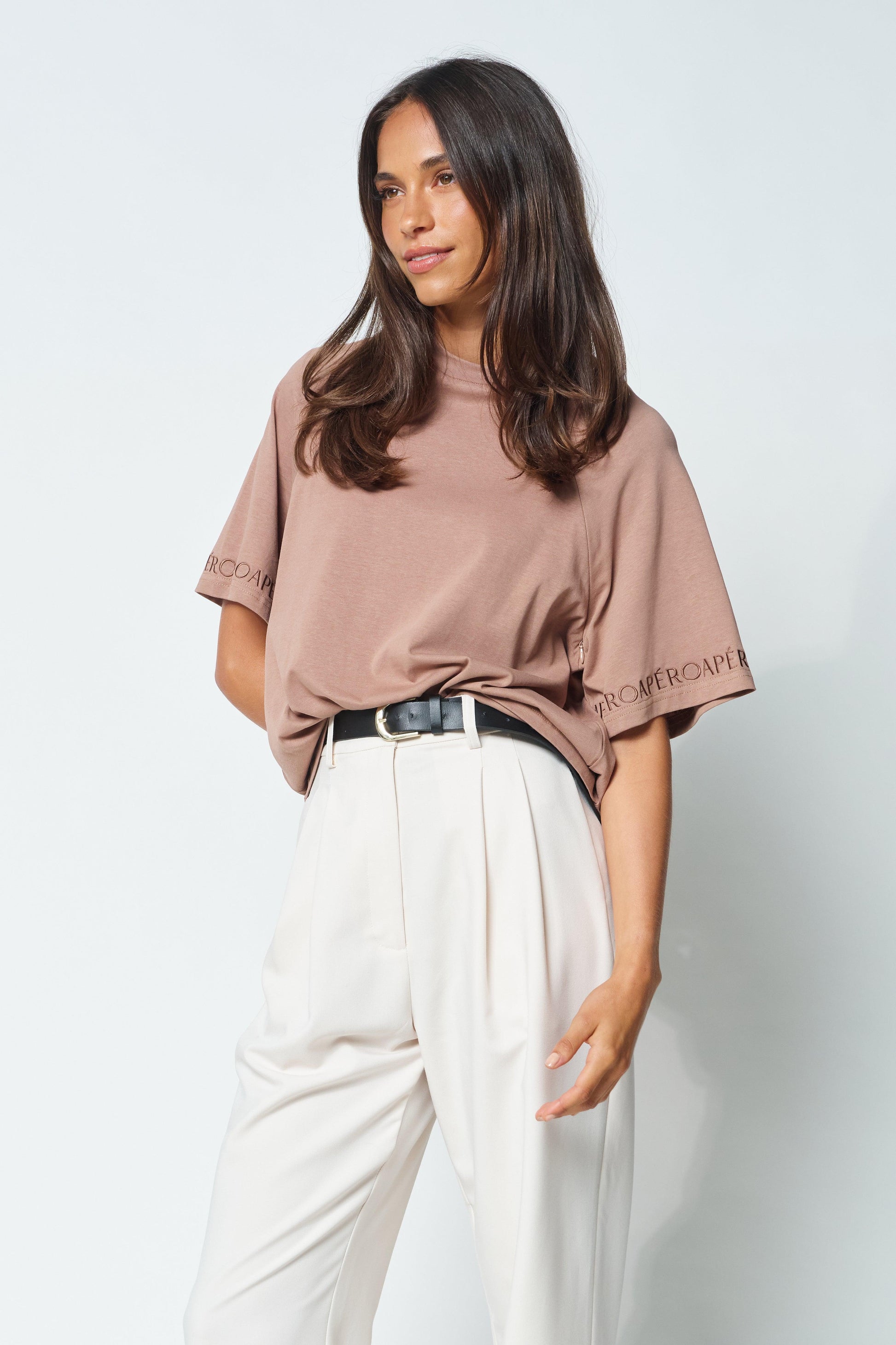 Apero Logo Sleeve Box-Cut Tee - Mocha by Apero Label - in XS | SWAACE