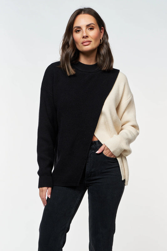 Gia Wrap Knit Jumper - Black/Cream by Apero Label - in XS | SWAACE