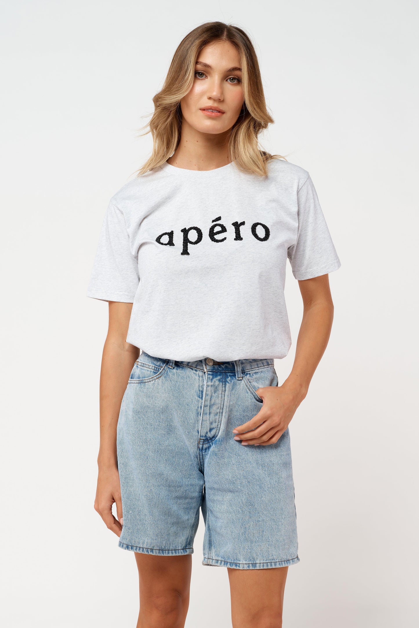 Apero Beaded Tee - Grey Marle/Black by Apero Label - in XS | SWAACE