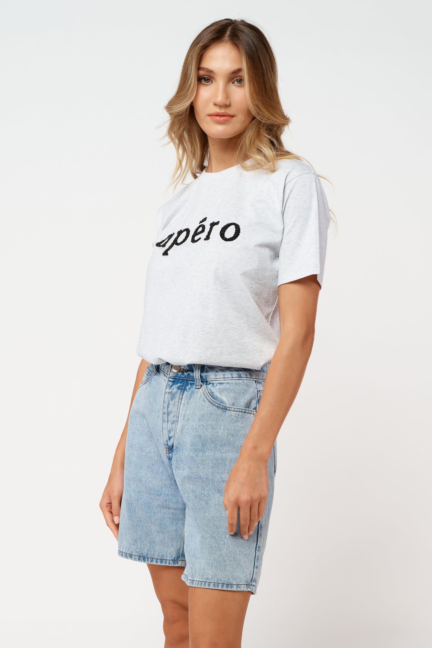 Apero Beaded Tee - Grey Marle/Black by Apero Label - in XS | SWAACE