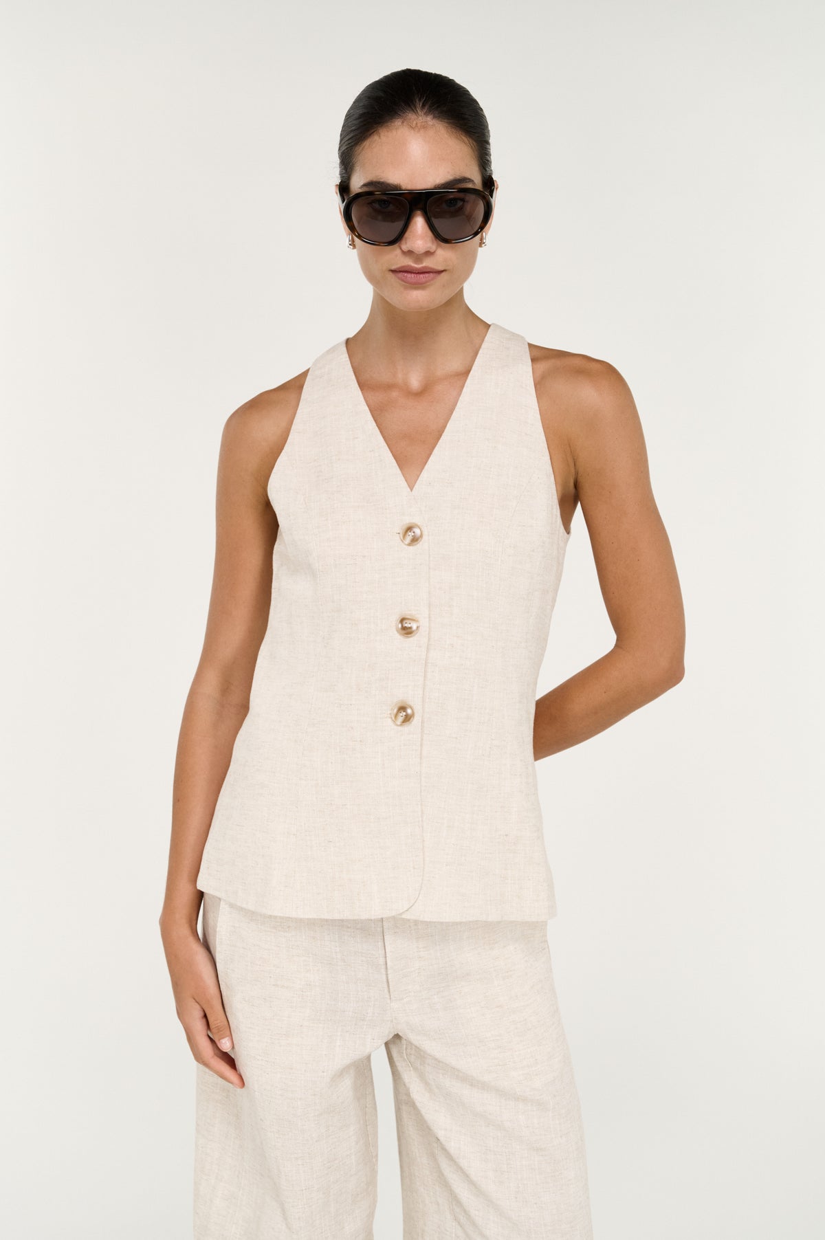 Neve Linen Long Line Vest - Oat
