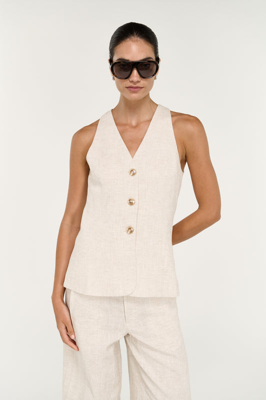 Neve Linen Long Line Vest - Oat - STAPLE THE LABEL