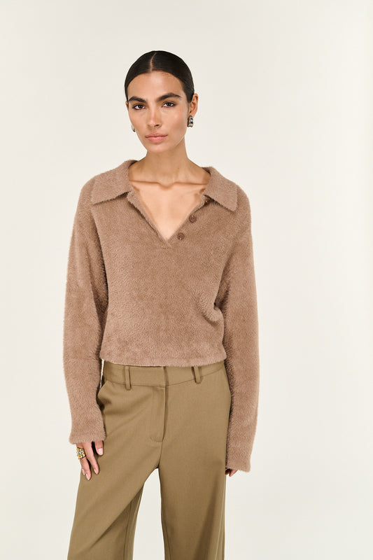 Ember Fluffy Polo Jumper - Mocha