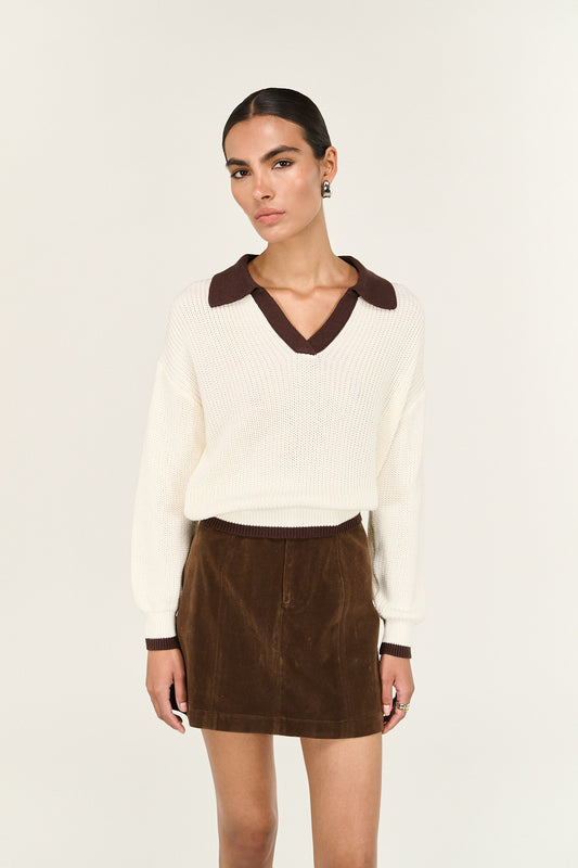 Daria Polo Jumper - Off White/Chocolate