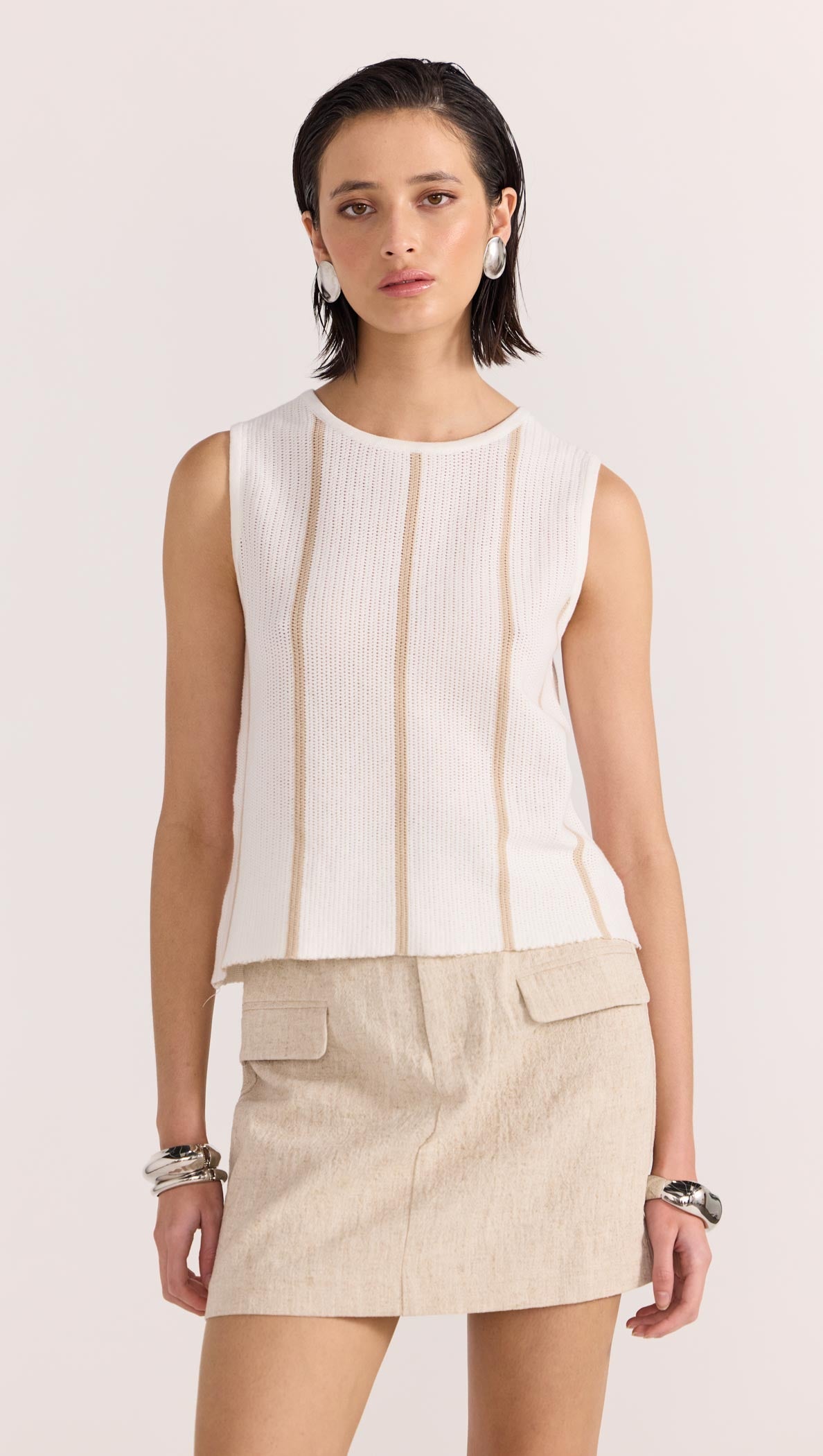 Allegra Knit Top - White/Beige - STAPLE THE LABEL