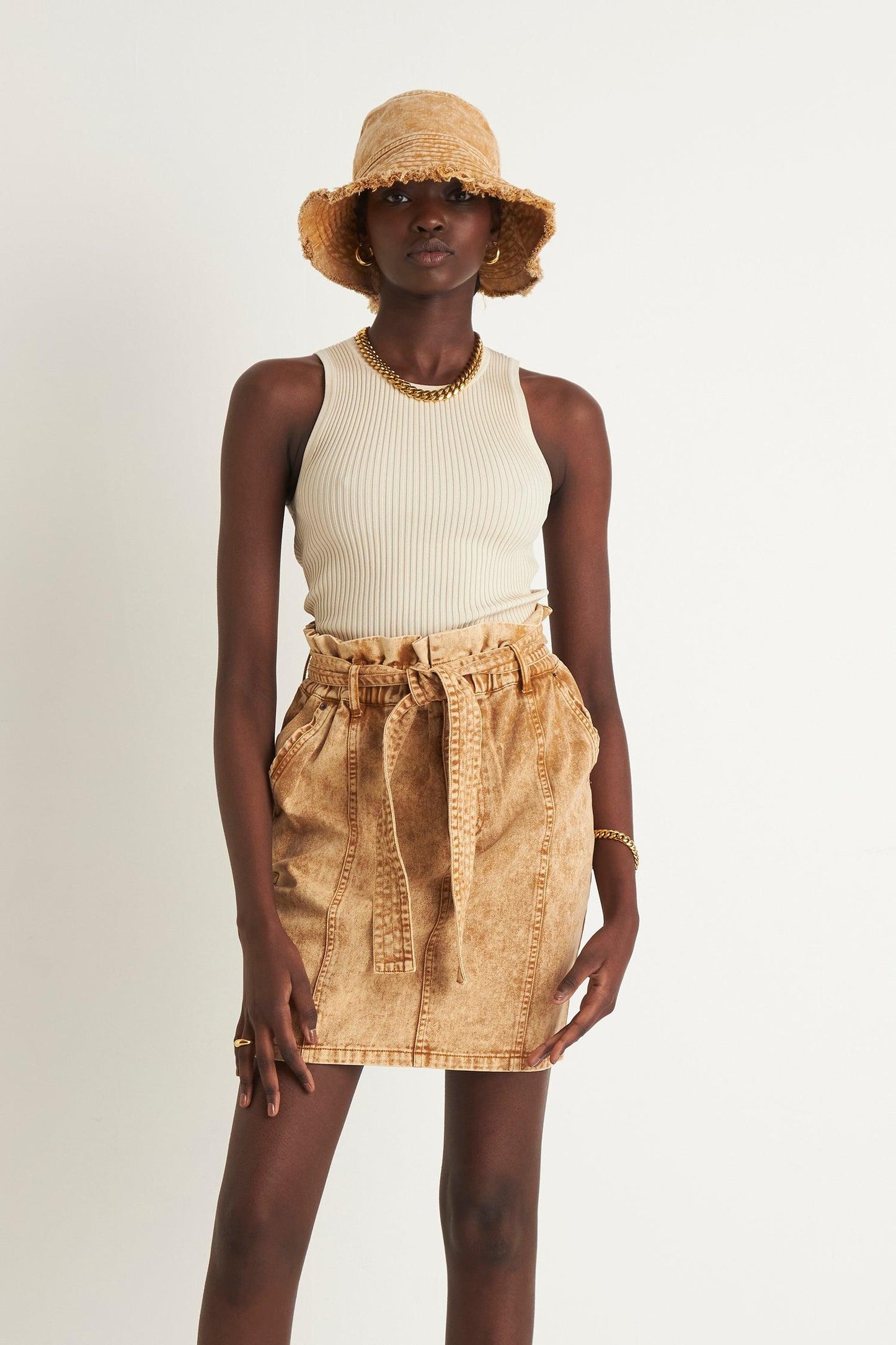 Savannah Denim Skirt - Tan by Zerfima - in XS | SWAACE