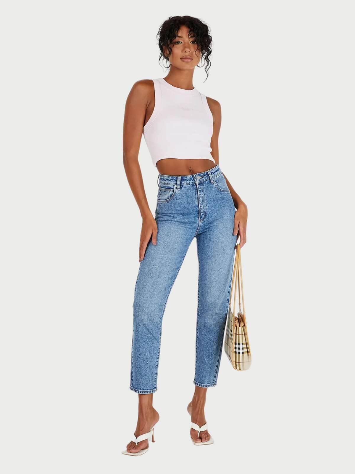 A 94 High Slim Harlow Jeans - Mid Vintage Blue by Abrand Jeans - in 8/26 | SWAACE