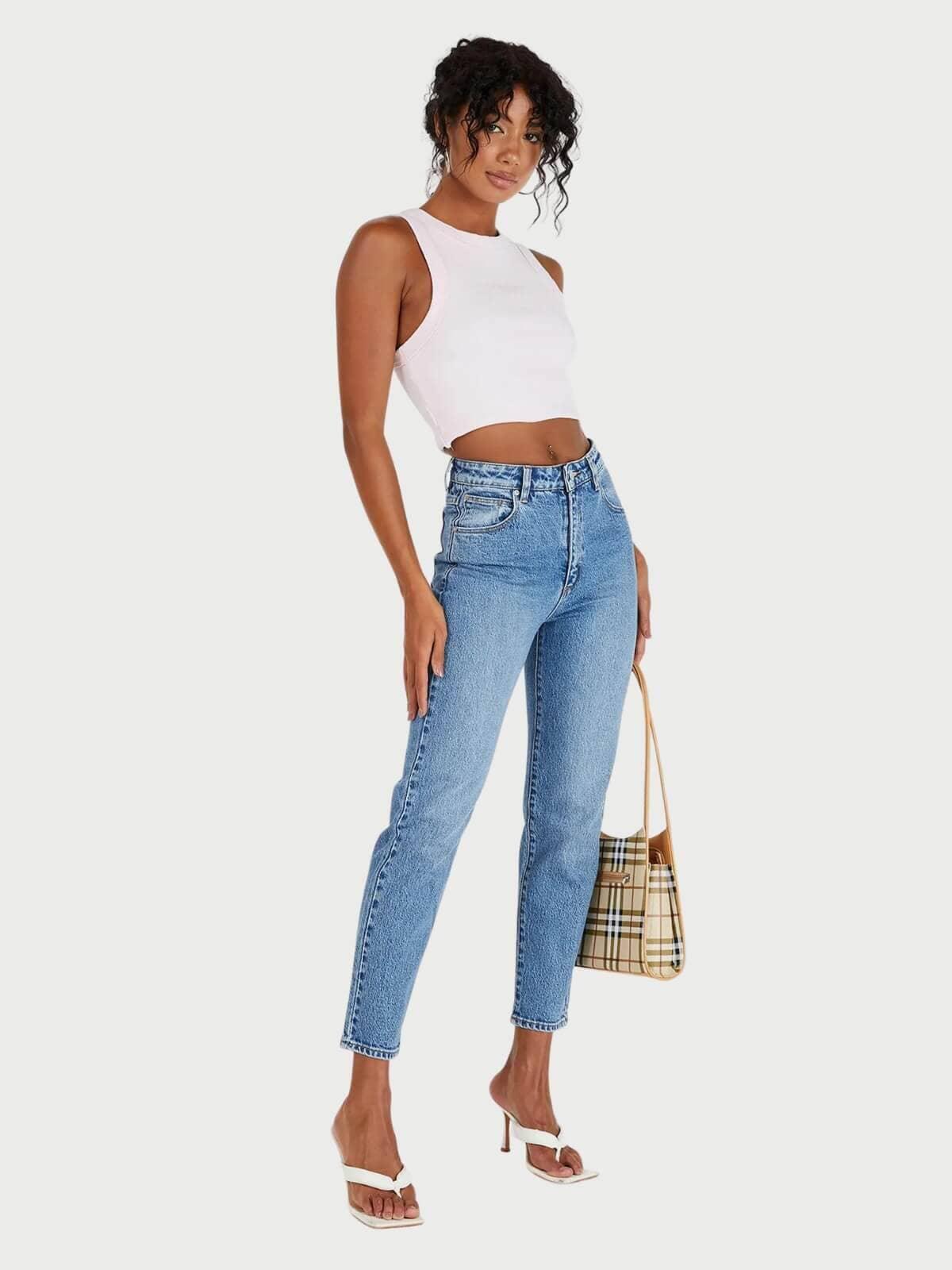 A 94 High Slim Harlow Jeans - Mid Vintage Blue by Abrand Jeans - in 8/26 | SWAACE