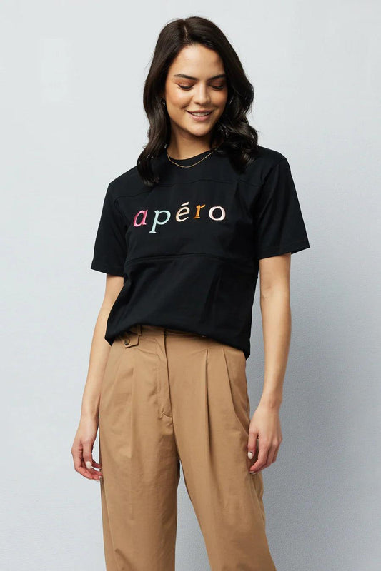 Classic Embroidered Panel Tee - Black/Multi by Apero Label - in XS | SWAACE