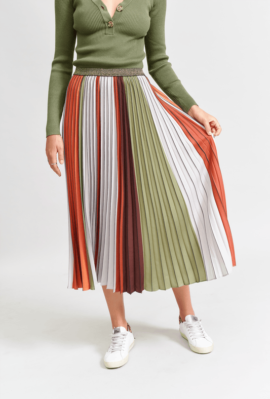 The Sunray Pleat Skirt - Khaki Bone Lines by We Are The Others - in S | SWAACE